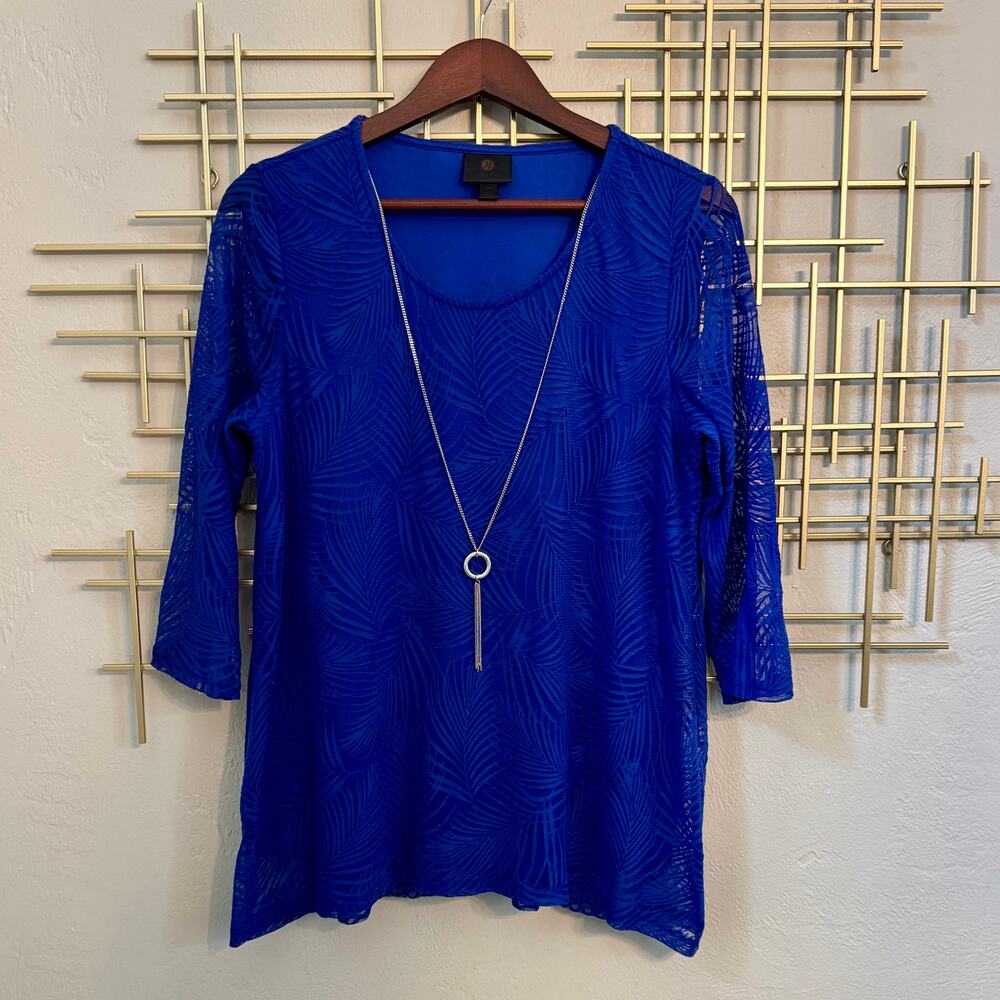 JM Collection Blue Burnout Mesh Tunic Top Size M